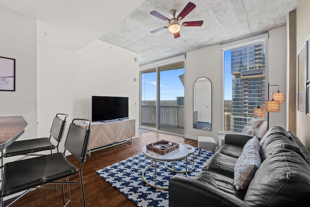 living area featuring a ceiling fan and wood finished floors