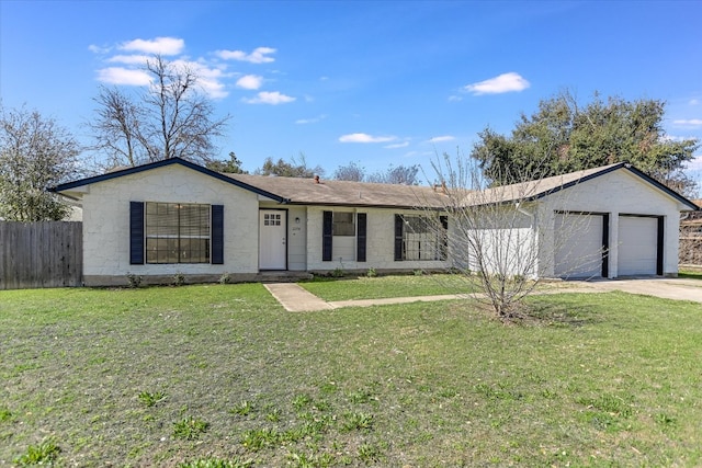 ranch-style house featuring a front lawn, an attached garage, driveway, and fence