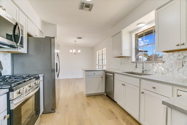 kitchen featuring visible vents, a peninsula, a sink, stainless steel appliances, and white cabinets