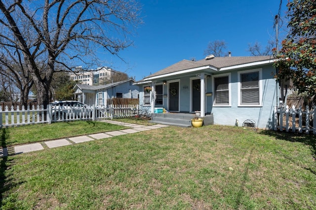 view of front of property featuring a fenced front yard, roof with shingles, a front yard, covered porch, and stucco siding