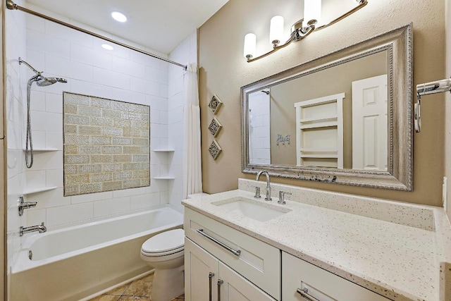 bathroom with recessed lighting, shower / tub combination, vanity, and toilet