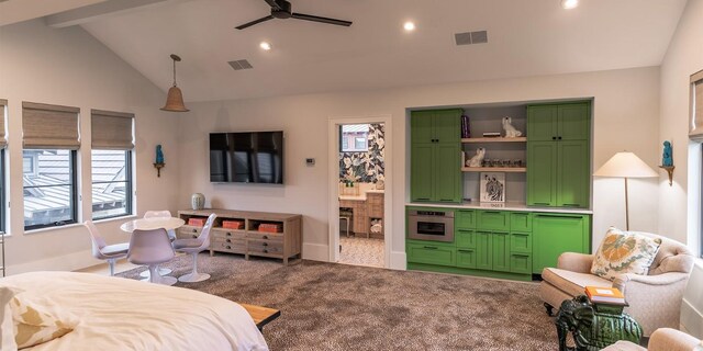 bedroom with visible vents, ensuite bath, recessed lighting, carpet floors, and lofted ceiling