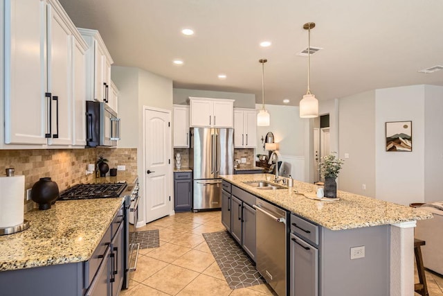 kitchen with visible vents, a sink, stainless steel appliances, white cabinets, and decorative backsplash