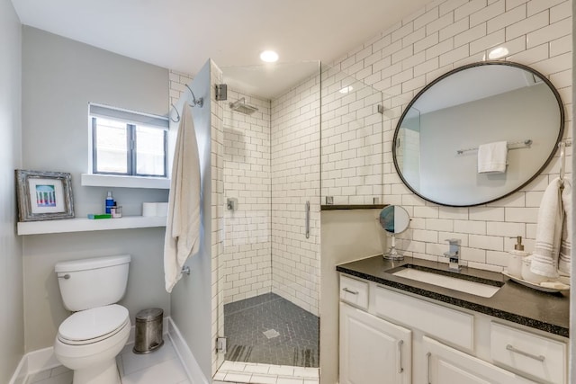 full bathroom featuring backsplash, a stall shower, toilet, and vanity