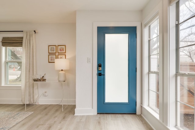 foyer entrance featuring a wealth of natural light, baseboards, and wood finished floors