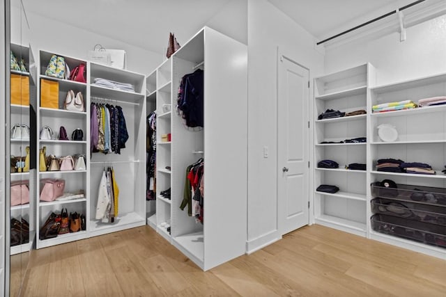 walk in closet with wood finished floors