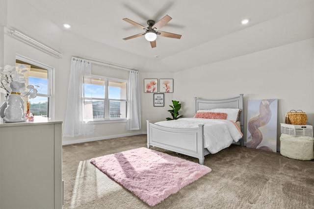 bedroom featuring recessed lighting, baseboards, a ceiling fan, and carpet flooring