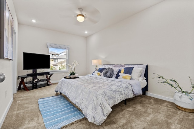 carpeted bedroom with recessed lighting, baseboards, and a ceiling fan