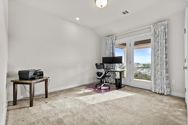 carpeted home office with recessed lighting, visible vents, baseboards, and vaulted ceiling