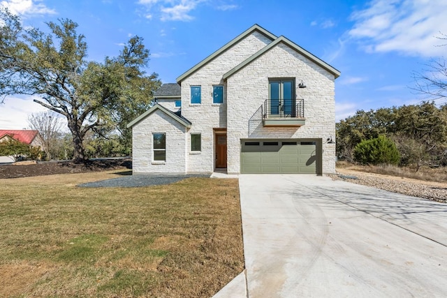 view of front of house with a front lawn, a balcony, a garage, stone siding, and driveway