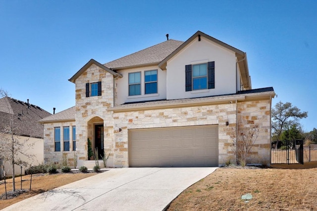 view of front of house with fence, driveway, stucco siding, stone siding, and a garage