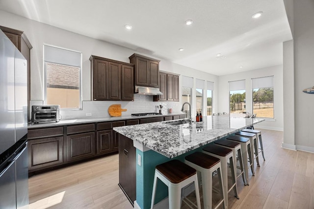 kitchen with backsplash, under cabinet range hood, a center island with sink, stainless steel appliances, and a sink