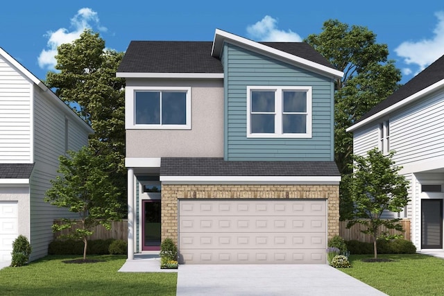 contemporary house with stone siding, a front lawn, driveway, and fence