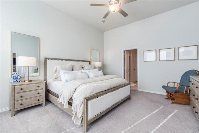 bedroom featuring a ceiling fan, carpet flooring, baseboards, and visible vents