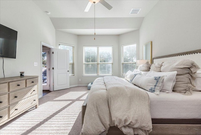 bedroom featuring light carpet, visible vents, ceiling fan, and baseboards