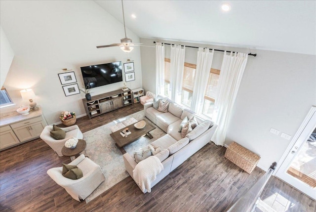 living room featuring a ceiling fan, recessed lighting, wood finished floors, and high vaulted ceiling