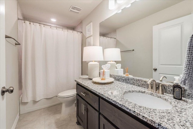 full bathroom featuring visible vents, toilet, shower / bath combo, tile patterned floors, and vanity