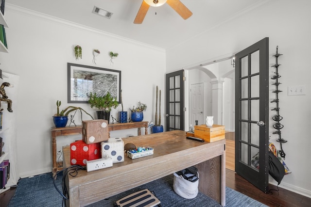 1617 Shady Hillside Pass, Round Rock, TX 78665 - home office with ornamental molding, ceiling fan, wood finished floors, french doors, and ornate columns