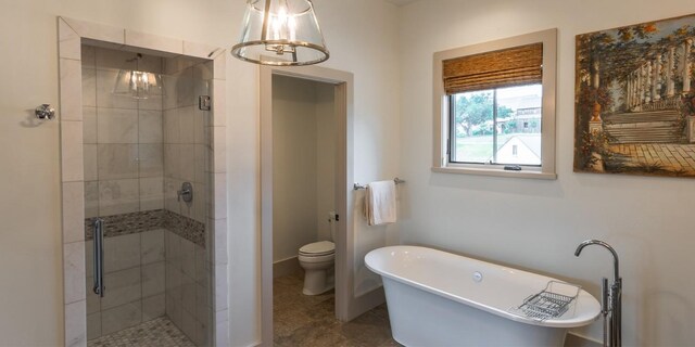 bathroom with a freestanding tub, toilet, and a stall shower