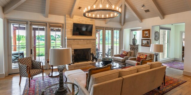 living room with visible vents, lofted ceiling with beams, a fireplace, an inviting chandelier, and wood-type flooring