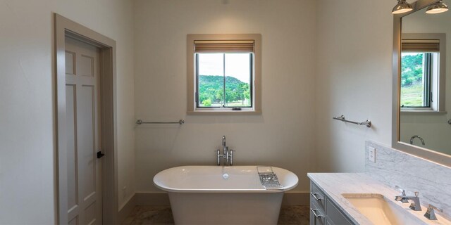 bathroom featuring baseboards, a freestanding bath, and vanity