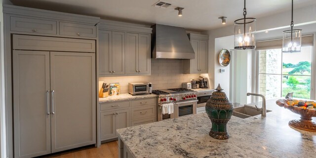 kitchen featuring high end appliances, visible vents, a sink, decorative backsplash, and wall chimney exhaust hood