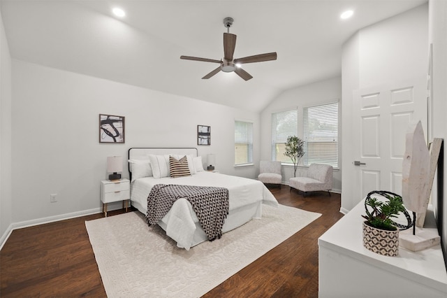 bedroom featuring a ceiling fan, dark wood-style floors, baseboards, lofted ceiling, and recessed lighting