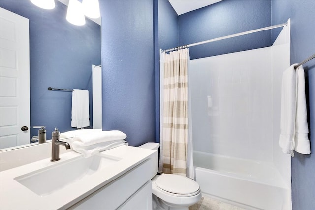 full bath with vanity, shower / bath combination with curtain, toilet, and a textured wall