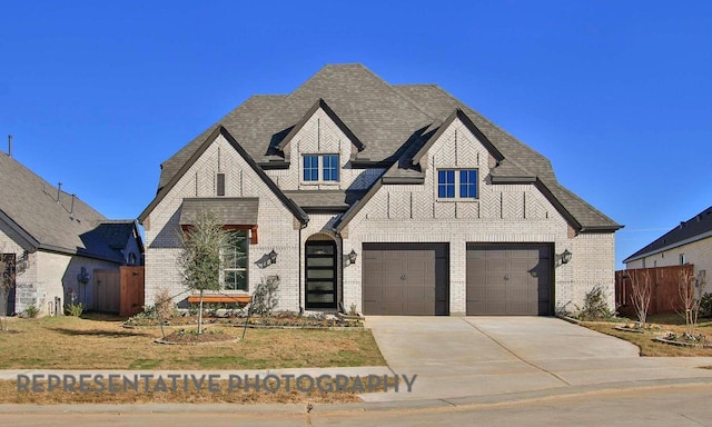 view of front of property with concrete driveway, a garage, fence, and brick siding