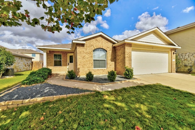 ranch-style home featuring concrete driveway, brick siding, a garage, and a front lawn