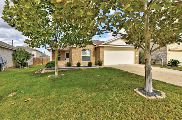 ranch-style home featuring brick siding, fence, a front yard, a garage, and driveway