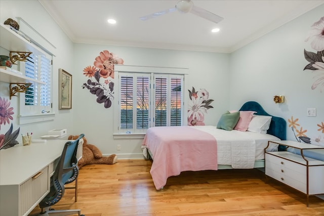 bedroom with baseboards, ceiling fan, light wood-type flooring, ornamental molding, and recessed lighting