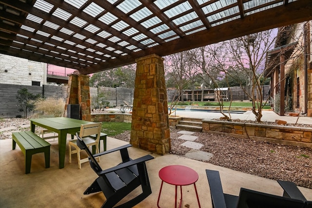 view of patio / terrace with a fenced in pool, outdoor dining area, a fenced backyard, and a pergola