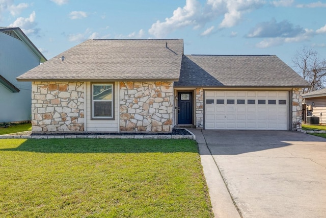 view of front of home with central AC unit, driveway, roof with shingles, an attached garage, and a front lawn