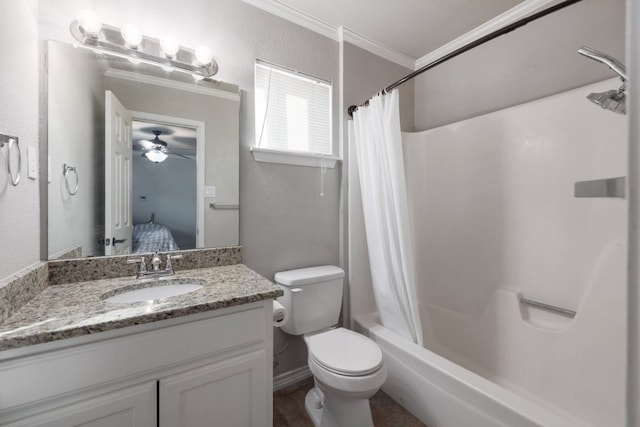 ensuite bathroom featuring toilet, shower / bath combo, connected bathroom, crown molding, and vanity