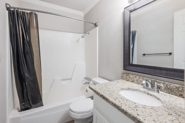 bathroom featuring shower / bath combo with shower curtain, vanity, toilet, and crown molding