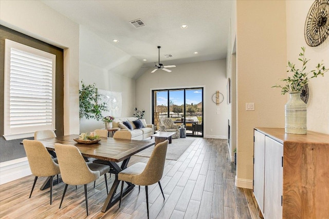 dining room with visible vents, a ceiling fan, wood finished floors, recessed lighting, and baseboards