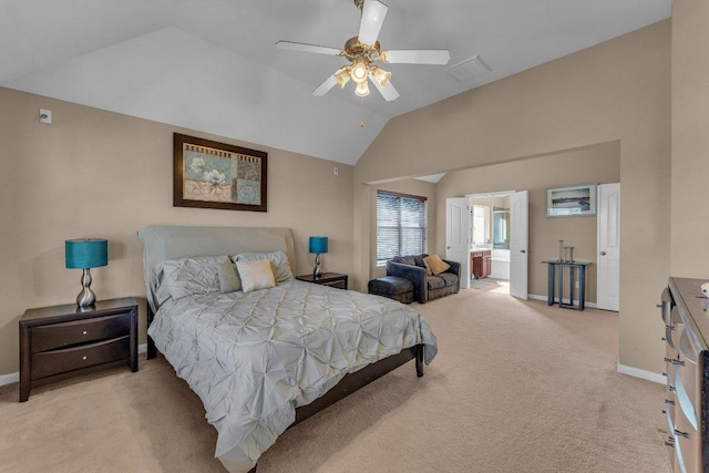 bedroom featuring visible vents, light carpet, lofted ceiling, baseboards, and ceiling fan