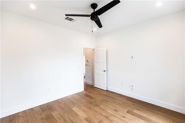 unfurnished room with light wood-type flooring, visible vents, recessed lighting, baseboards, and ceiling fan