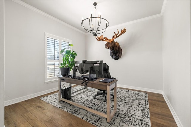 office featuring crown molding, an inviting chandelier, and wood finished floors