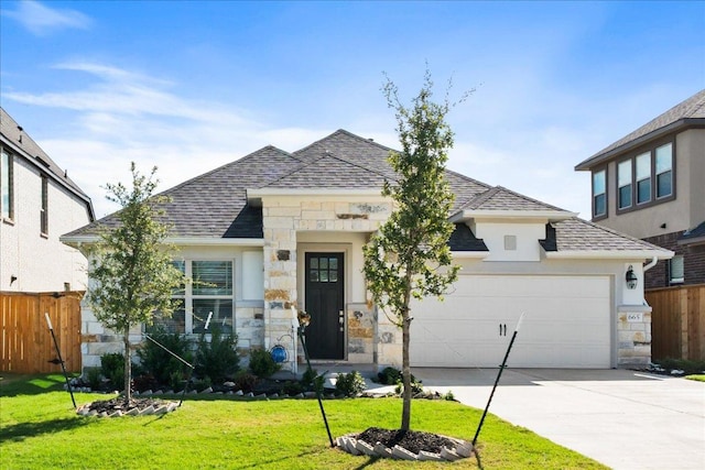 view of front facade featuring stone siding, an attached garage, a front yard, and fence