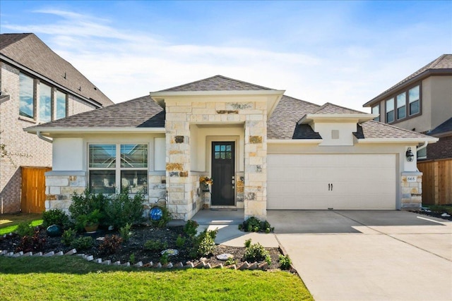 view of front facade with stone siding, concrete driveway, an attached garage, and fence