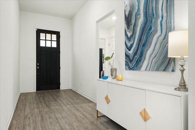 foyer entrance featuring baseboards and wood finished floors