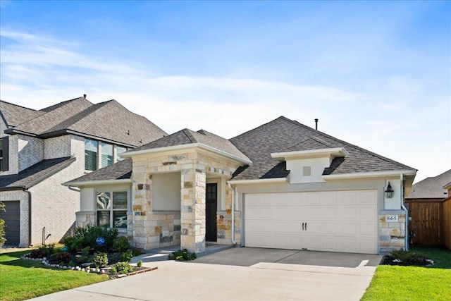 view of front of house with a front lawn, driveway, stone siding, roof with shingles, and a garage