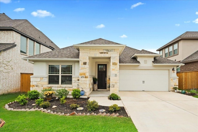 view of front of home featuring driveway, stone siding, fence, roof with shingles, and a garage