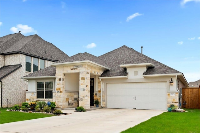 french country inspired facade with a front yard, fence, driveway, roof with shingles, and an attached garage