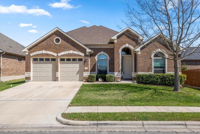 view of front of home with driveway, a front lawn, fence, roof with shingles, and brick siding