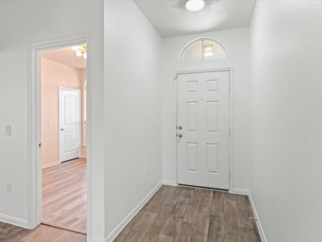 foyer entrance with dark wood finished floors and baseboards