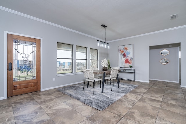 dining space with visible vents, baseboards, and ornamental molding