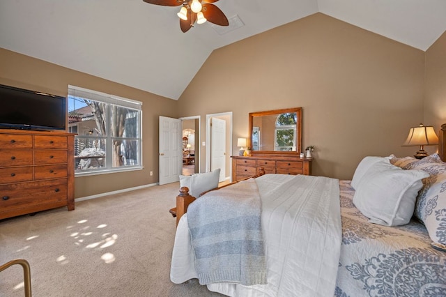 carpeted bedroom with visible vents, baseboards, high vaulted ceiling, and a ceiling fan